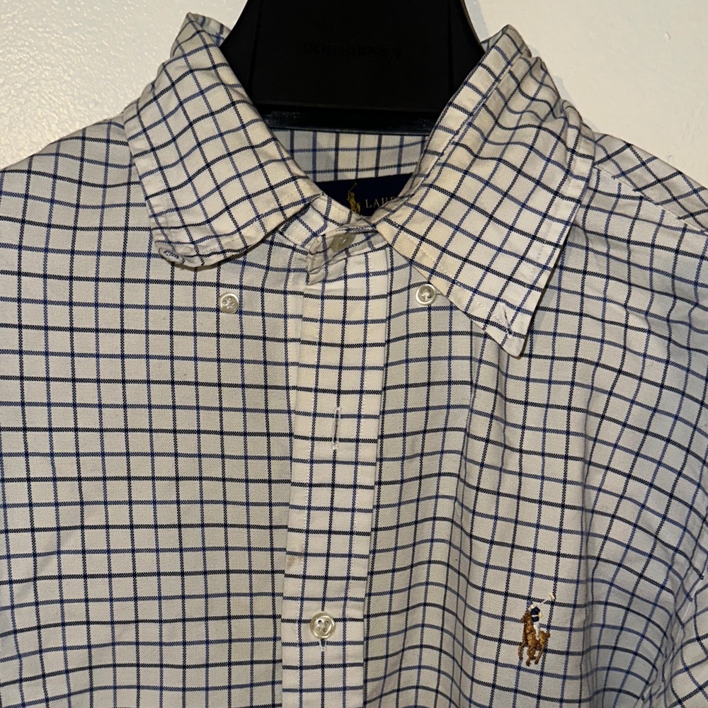 Ralph Lauren Men's White and Blue Grid Shirt